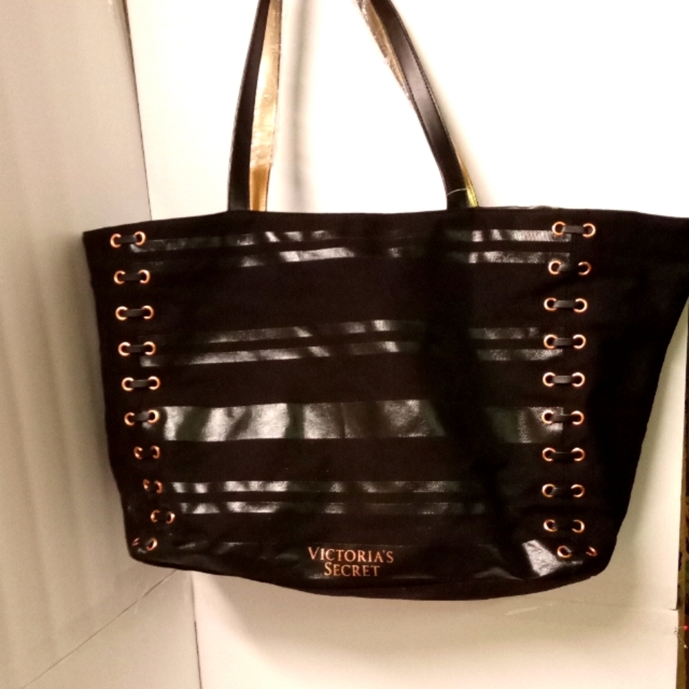 Victoria's Secret Bucket Tote Black Fabric,Rose Gold Hardware,Travel ,CarryOn